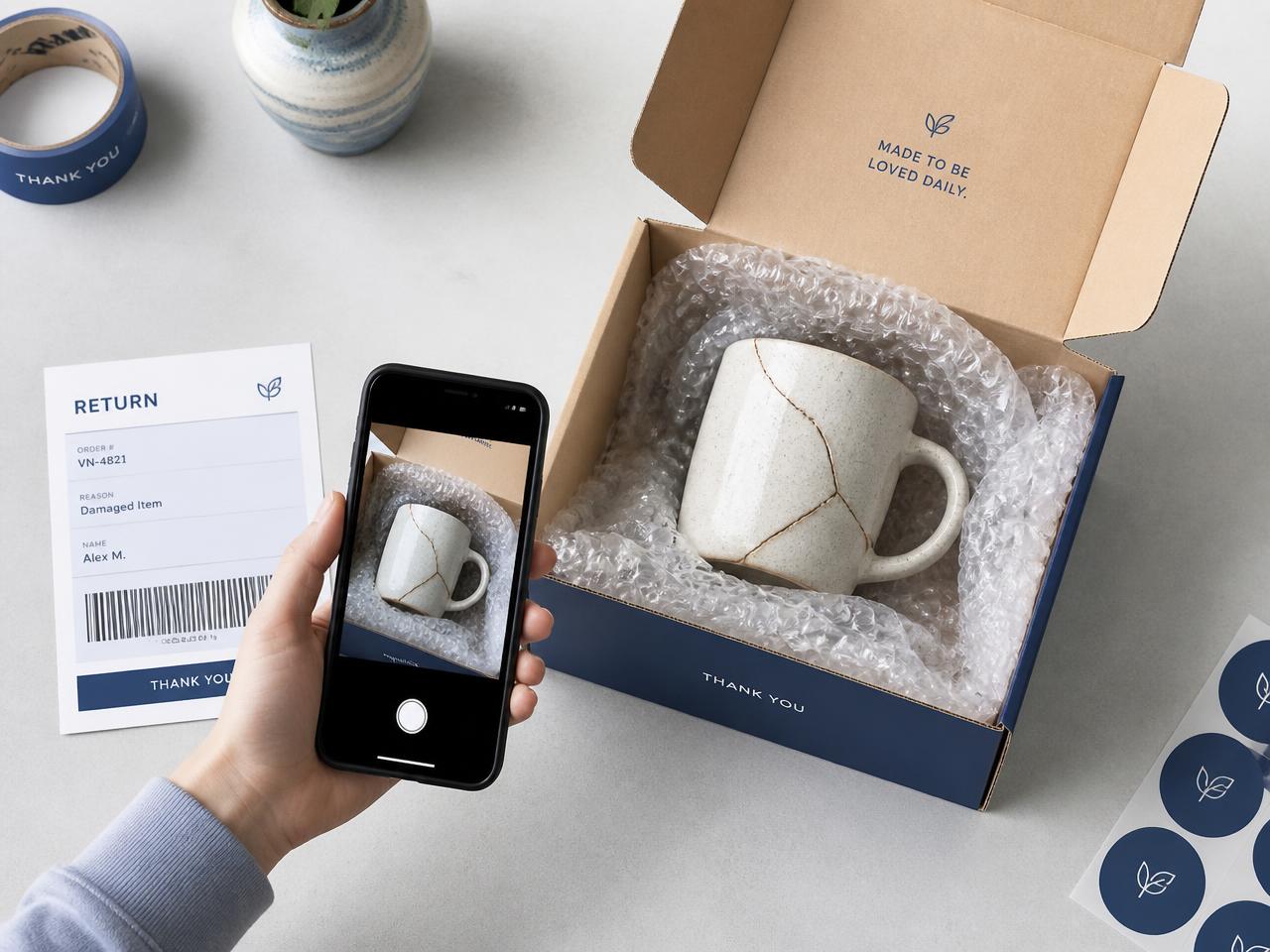 Buyer photographing a cracked ceramic mug next to a printed return label and shipping box